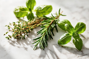 Fresh herbs on a marble surface showcasing basil, rosemary, and thyme for culin, a Food & Drink Photo by AlyaAnd