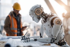 Futuristic robot working on architectural blueprints in a modern, a Photo by Ales Munt