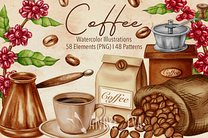 Watercolor Coffee Clipart/Pattern