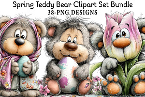 Spring Teddy Bear Clipart Set Bundle, an Illustration by Daily.Designs