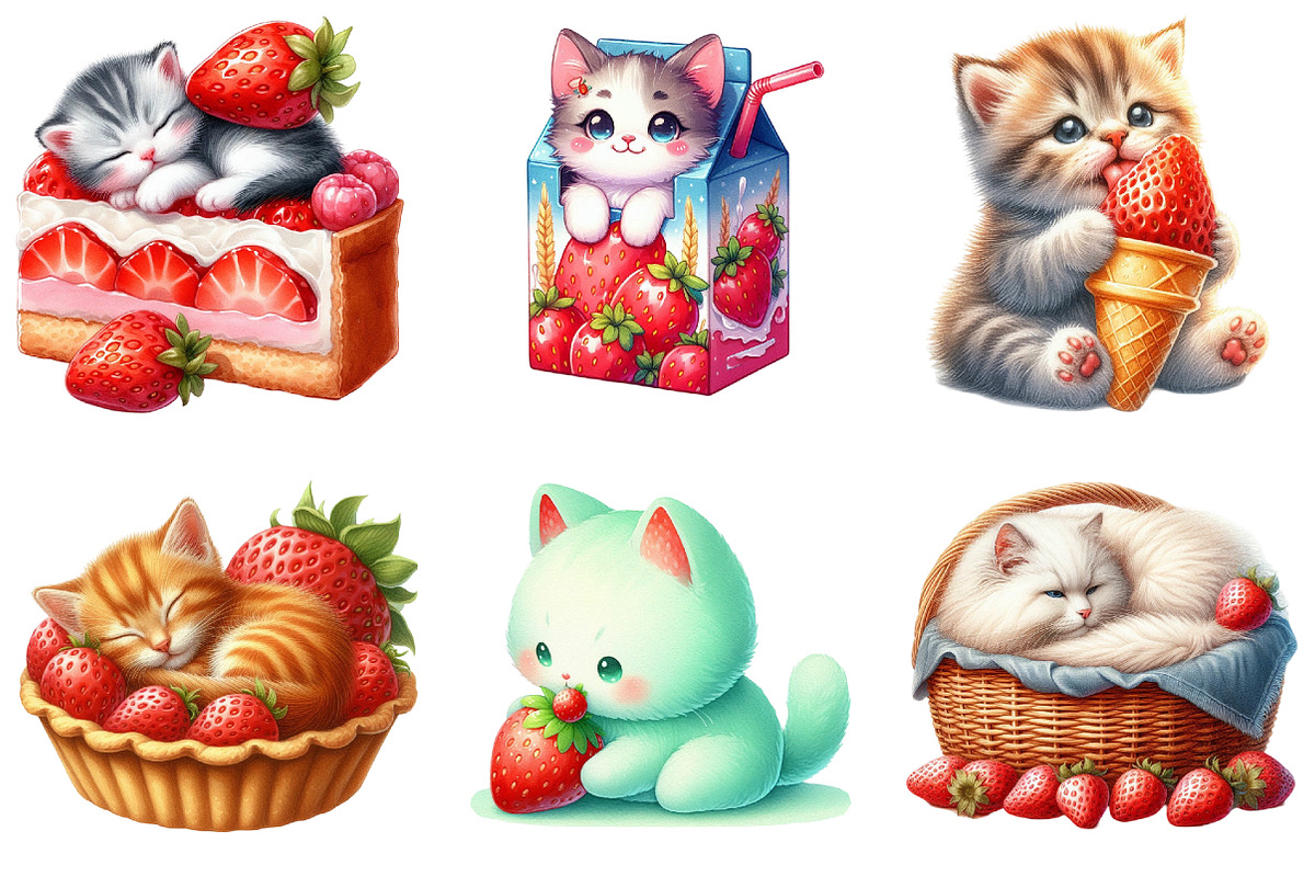 Strawberry Cat Clipart Sublimation, an Illustration by cherrydesign (Photo 3 of 3)