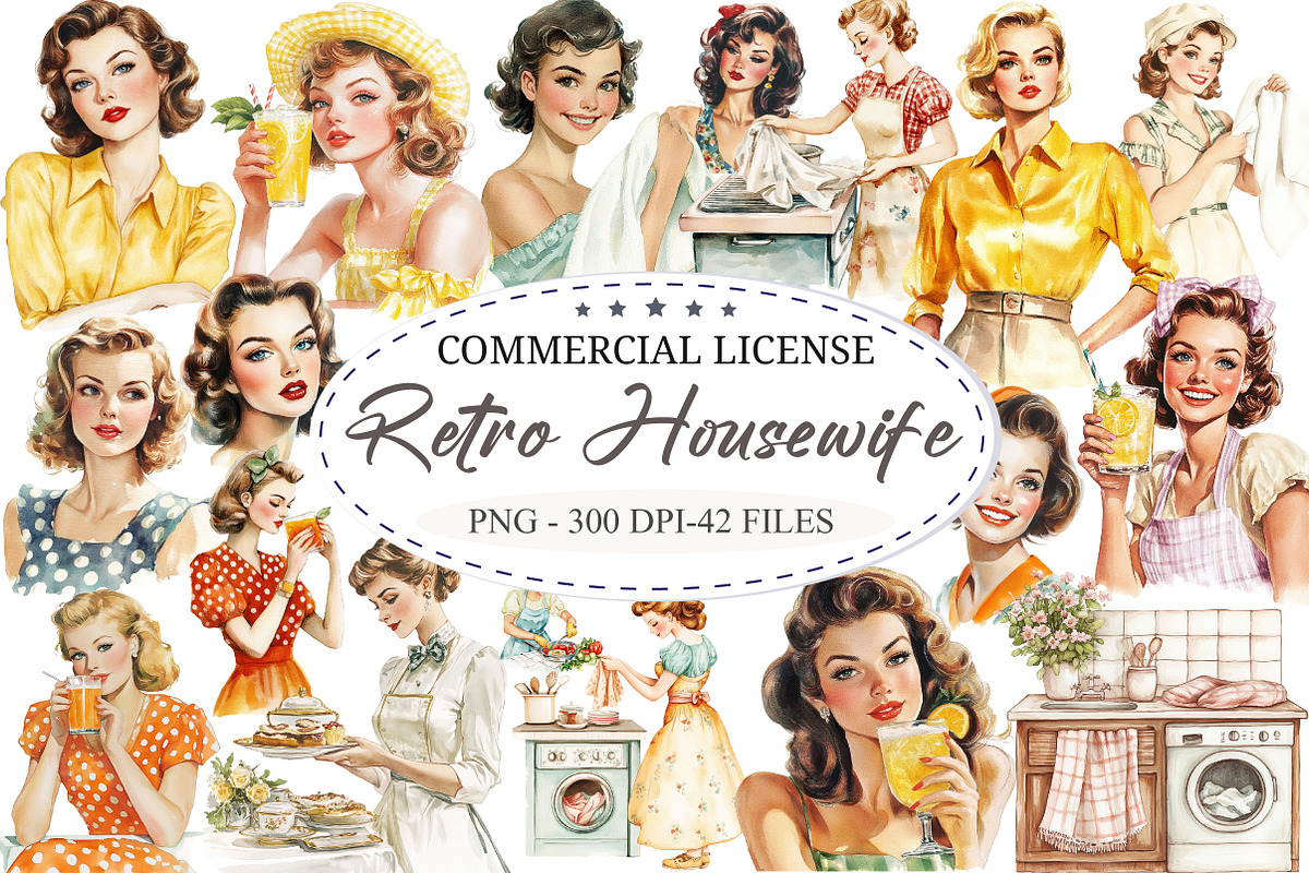 Watercolor Retro Housewife Clipart, a Seasonal Illustration by designcity5 (Photo 1 of 5)