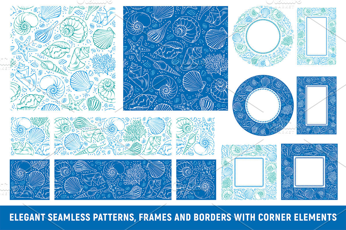 Sea shells patterns set, a Decorative Illustration by Vector beauty (Photo 2 of 7)