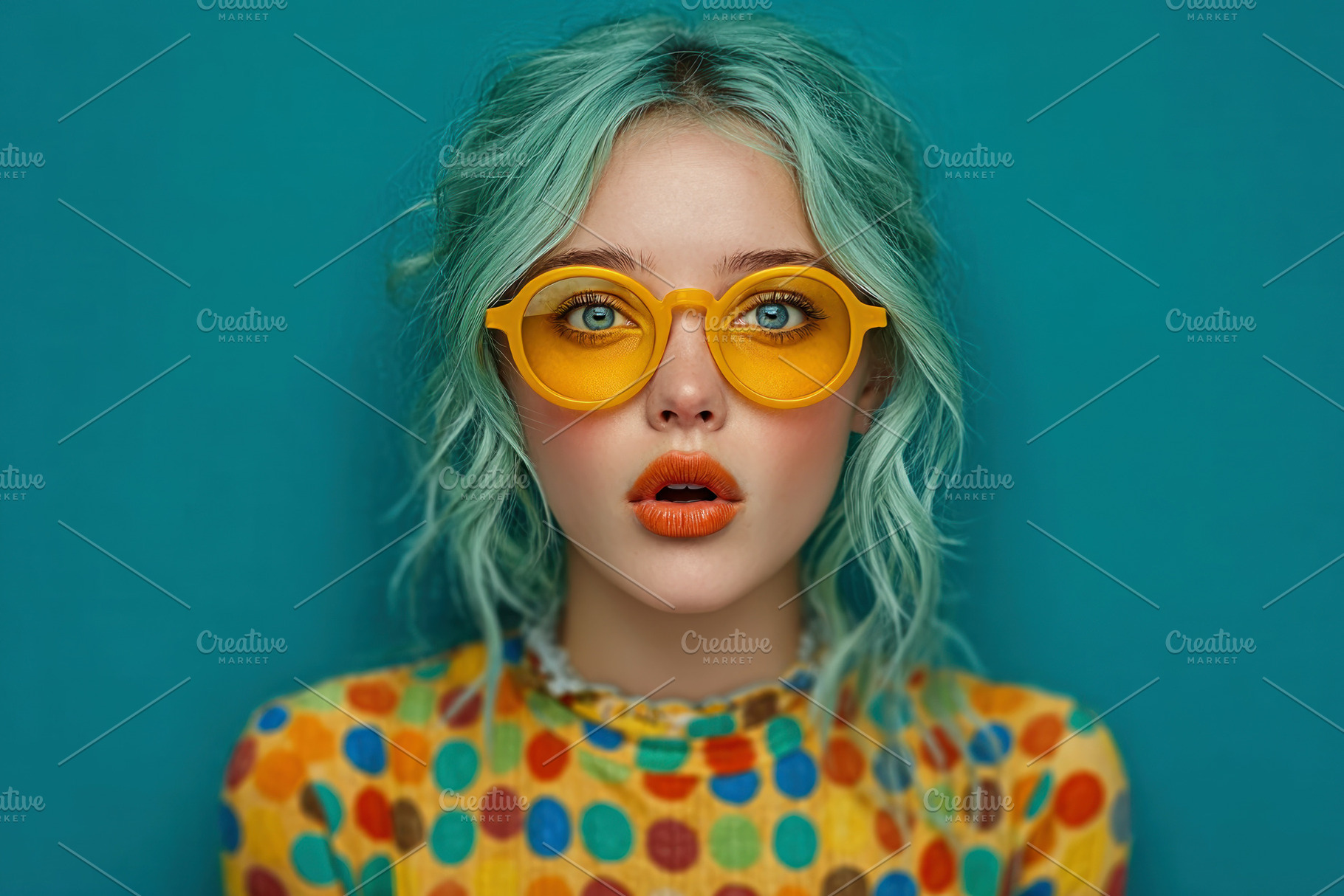 Surprised young woman with turquoise hair wearing yellow sunglas, a Photo by José Manuel Gelpi