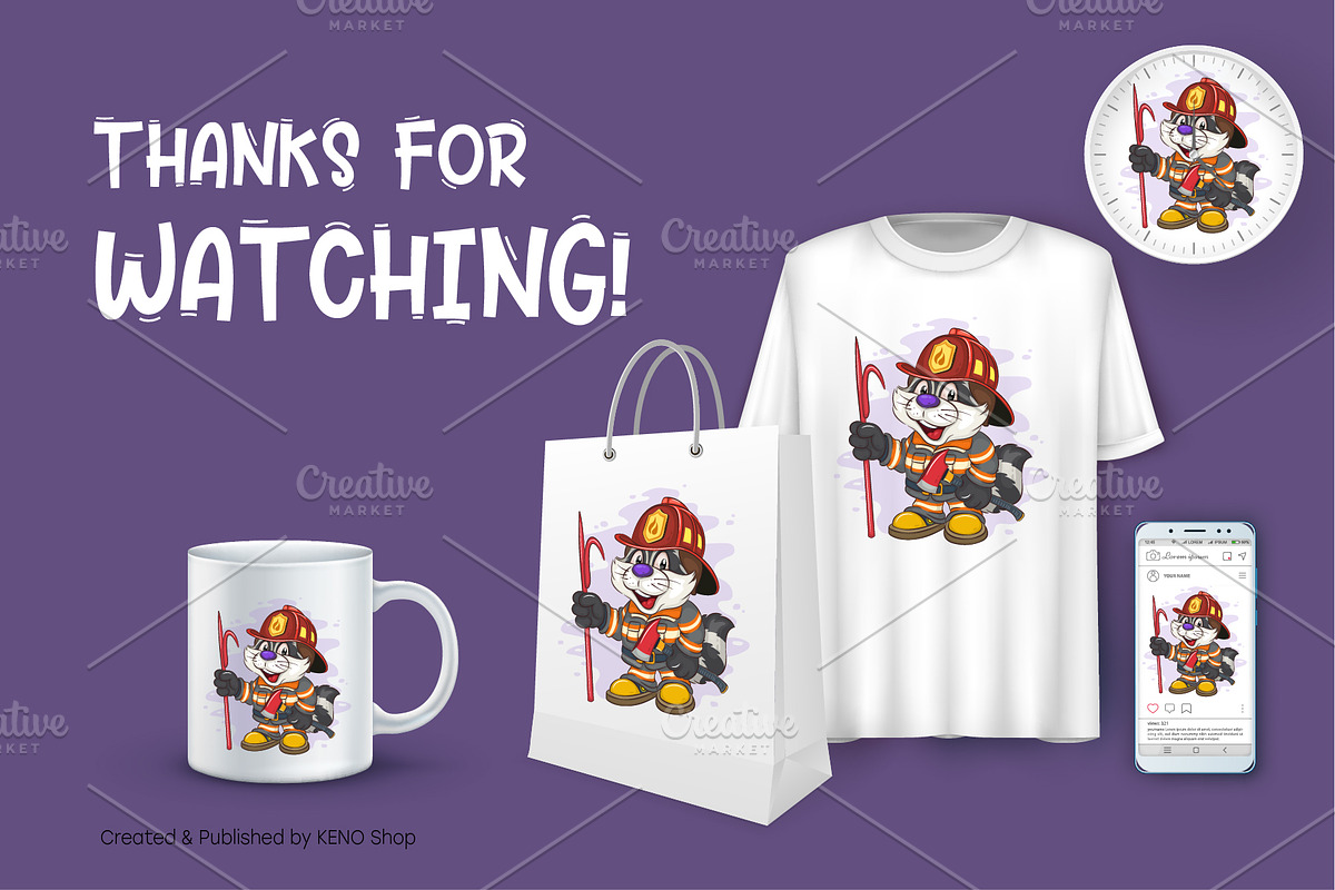 Cartoon Raccoon Fireman. T-Shirt., an Animal Illustration by KENO Mascots (Photo 3 of 3)