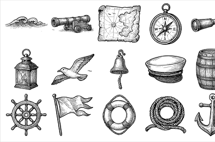 Hand Drawn Pirate Nautical Set, an Illustration by Sempu
