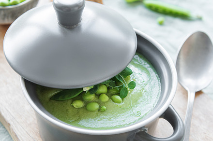 Fresh vegetable soup made of green peas, a Food & Drink Photo by Olena Rudo
