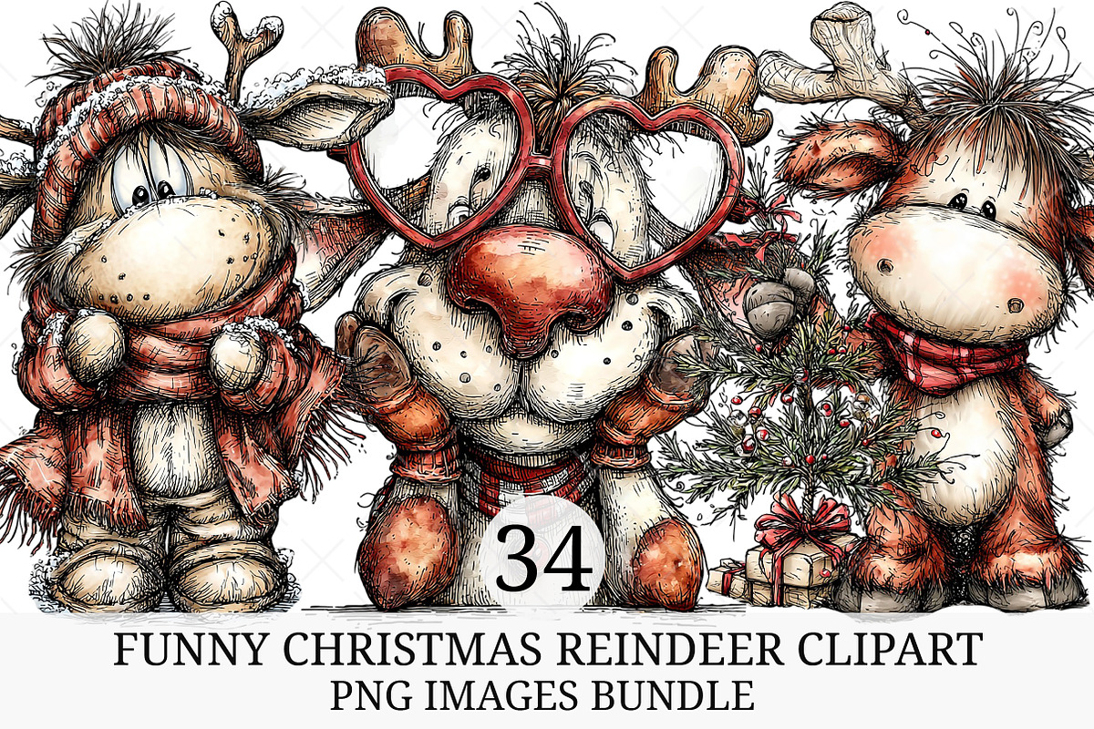 Funny Christmas Reindeer Clipart, an Illustration by Craft Nest (Photo 1 of 10)