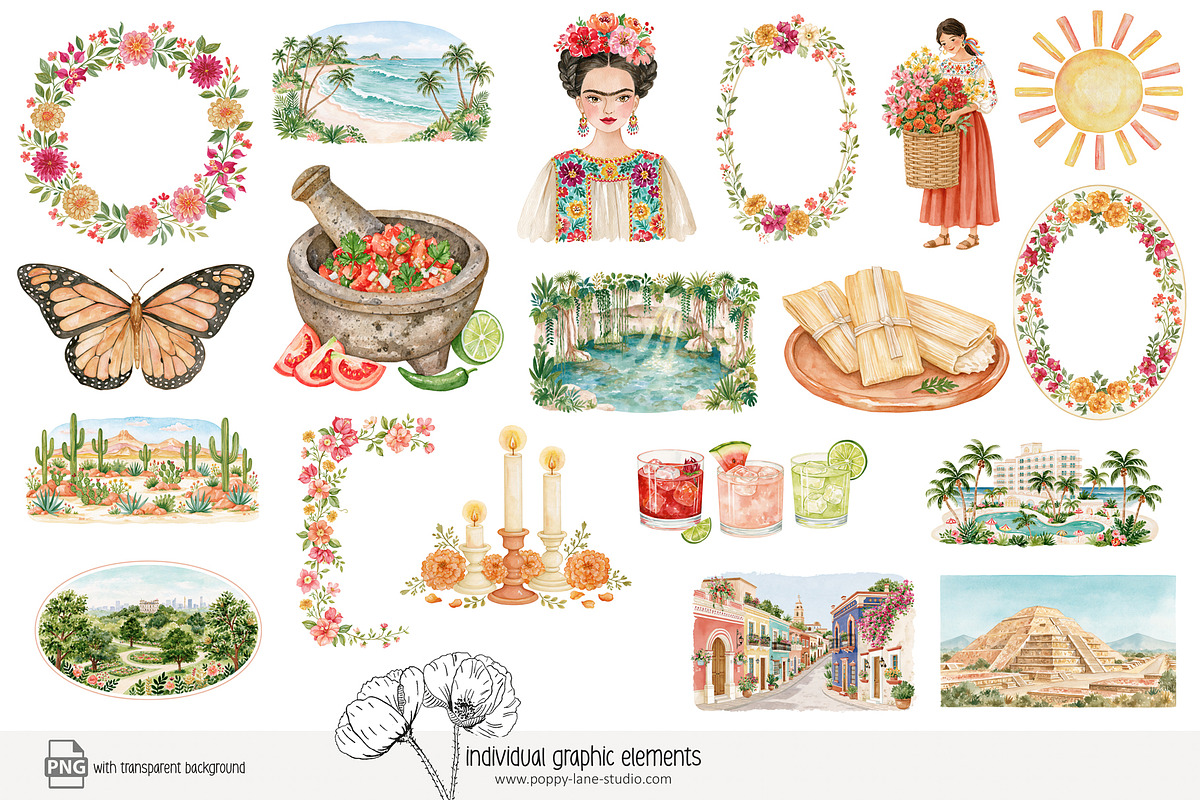 140 watercolour Mexico clip art, a Person Illustration by Poppy Lane Studio