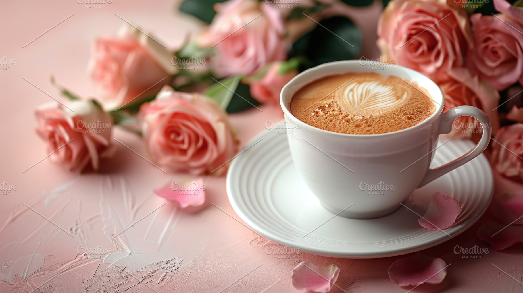 Coffee cup with pink flowers and scattered beans cozy floral sce, a Holiday Photo by José Manuel Gelpi
