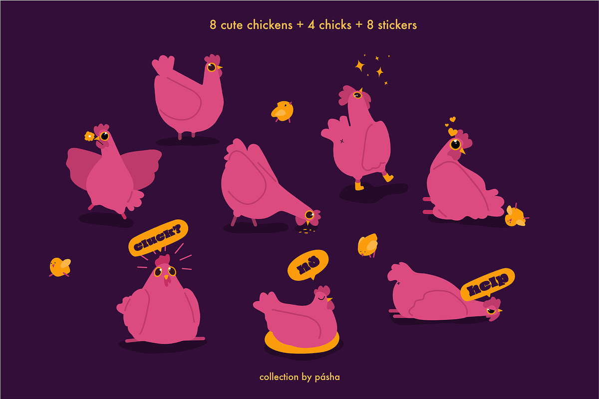 Chicken and chicks cartoon set, an Animal Illustration by Pásha (Photo 2 of 5)