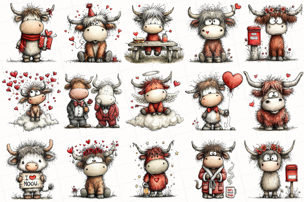 Whimsical Valentine Highland Cow Cli, an Illustration by OK Design (Photo 6 of 6)