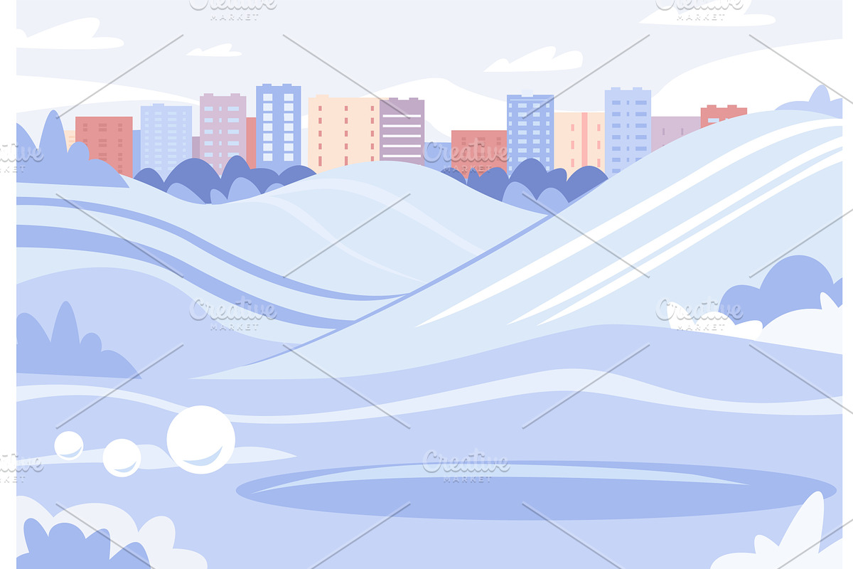 Snowy city park with hills for, an Illustration by Valerie Bodnar