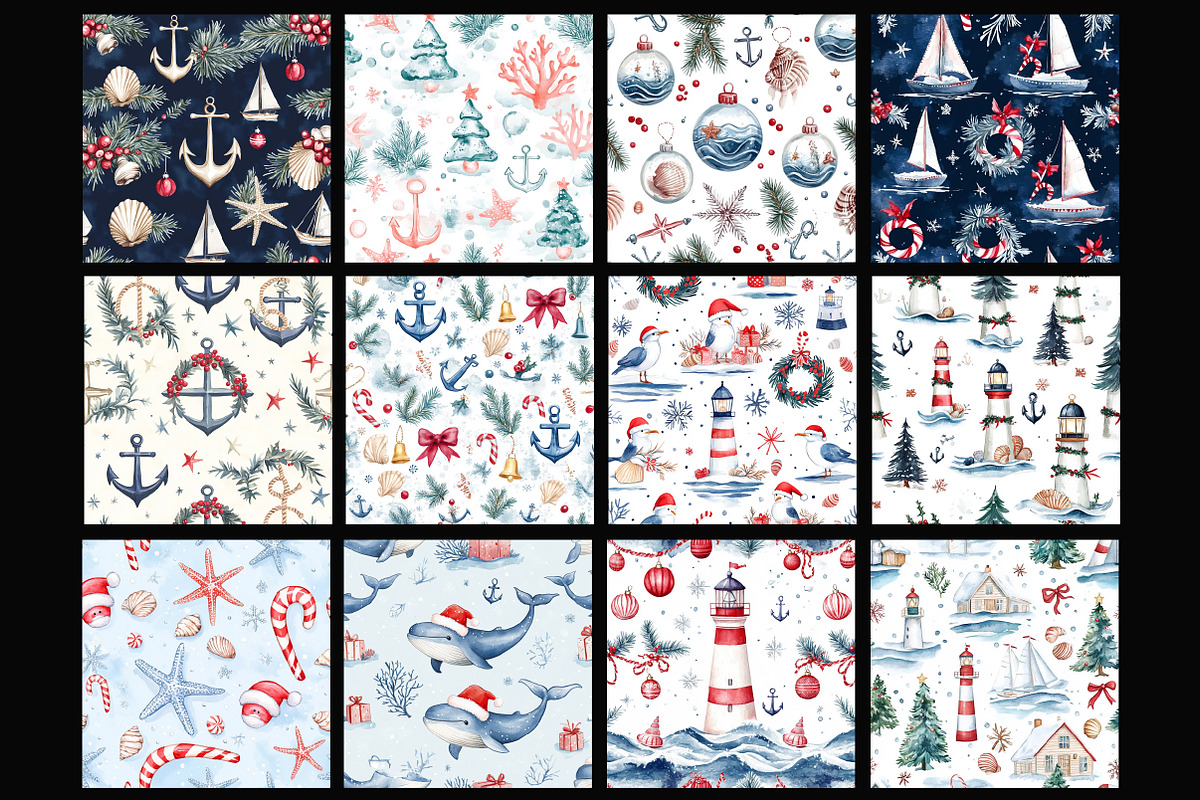 Watercolor Nautical Christmas Patter, a Pattern Graphic by Design Market (Photo 2 of 4)