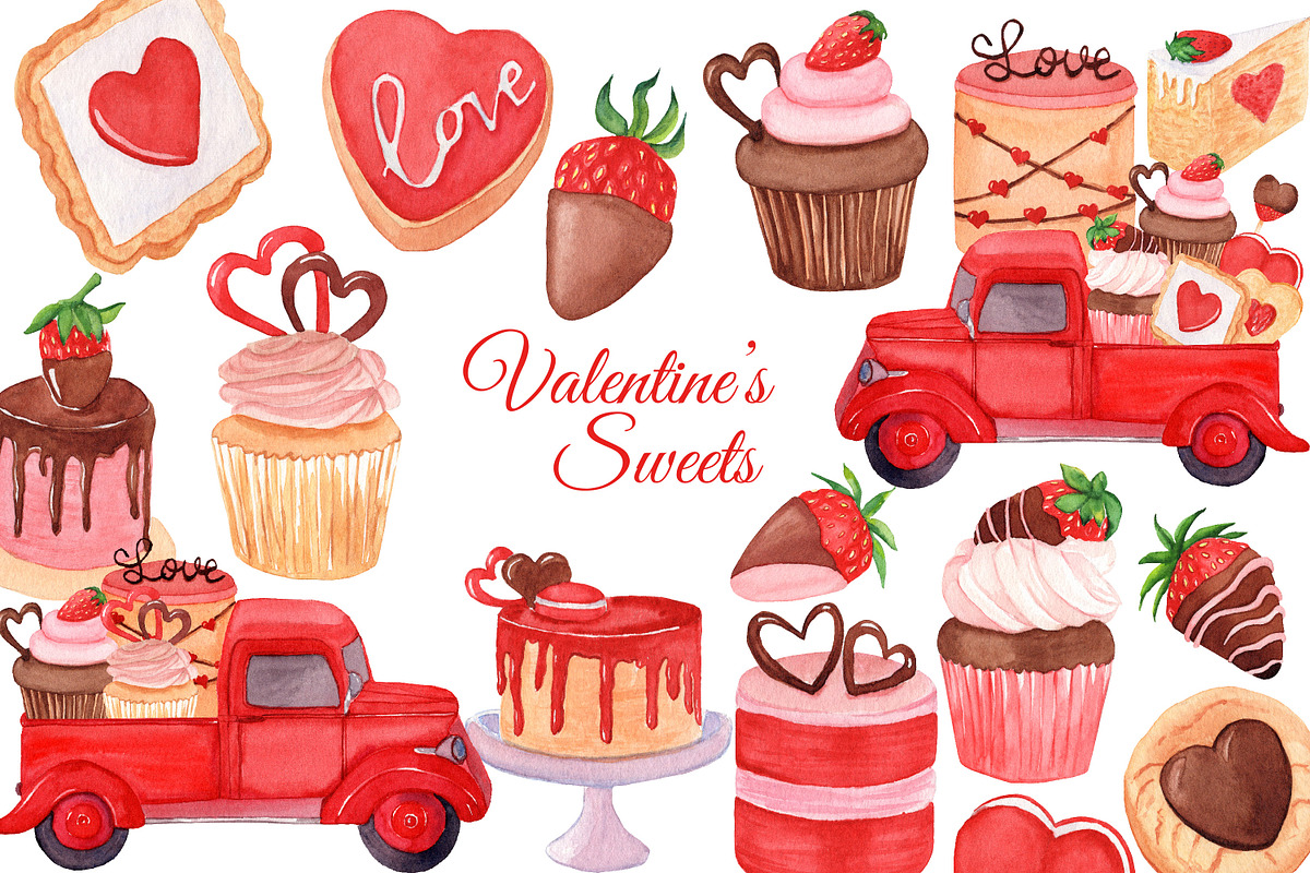 Valentine's Sweets Clipart & Pattern, an Illustration by s.yanyeva (Photo 1 of 4)