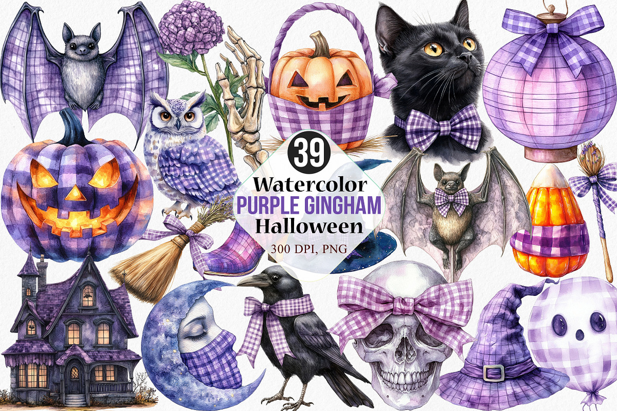Watercolor Purple Gingham Halloween, an Illustration by Canvas Craft (Photo 1 of 8)