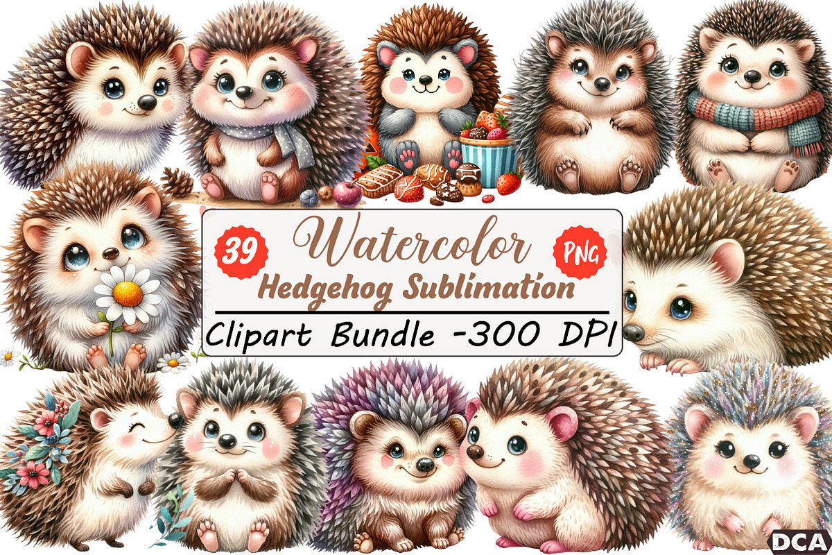 Watercolor Hedgehog Sublimation Clip, an Illustration by DreamCafeArt (Photo 1 of 7)