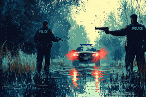 Two Police Officers Stand Alert With Guns Drawn Near a Patrol Car on Duty, an Illustration by AS photostudio