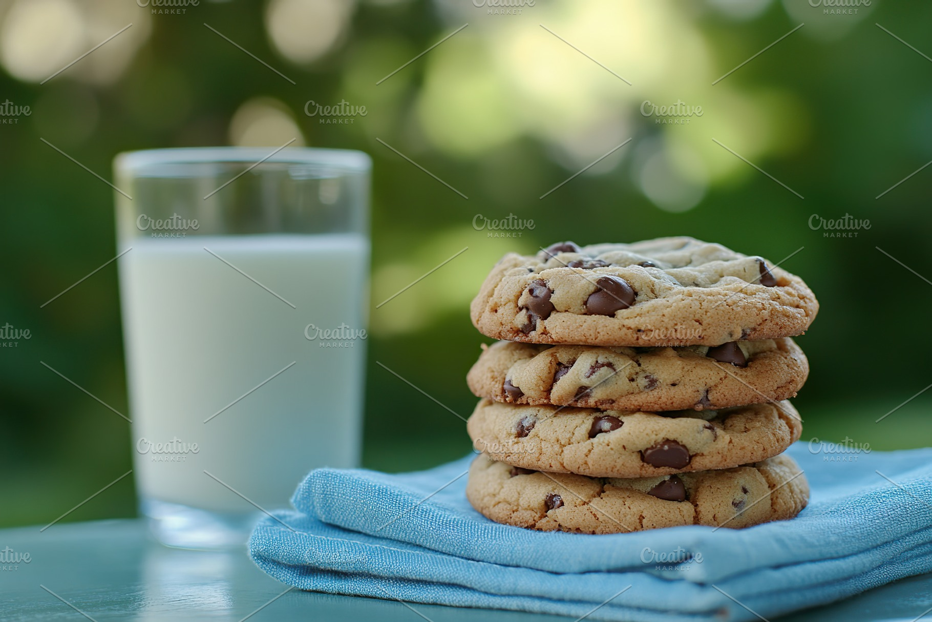 Delicious chocolate chip cookies stacked beside a glass of milk on a sunny day, a Food & Drink Photo by AlyaAnd