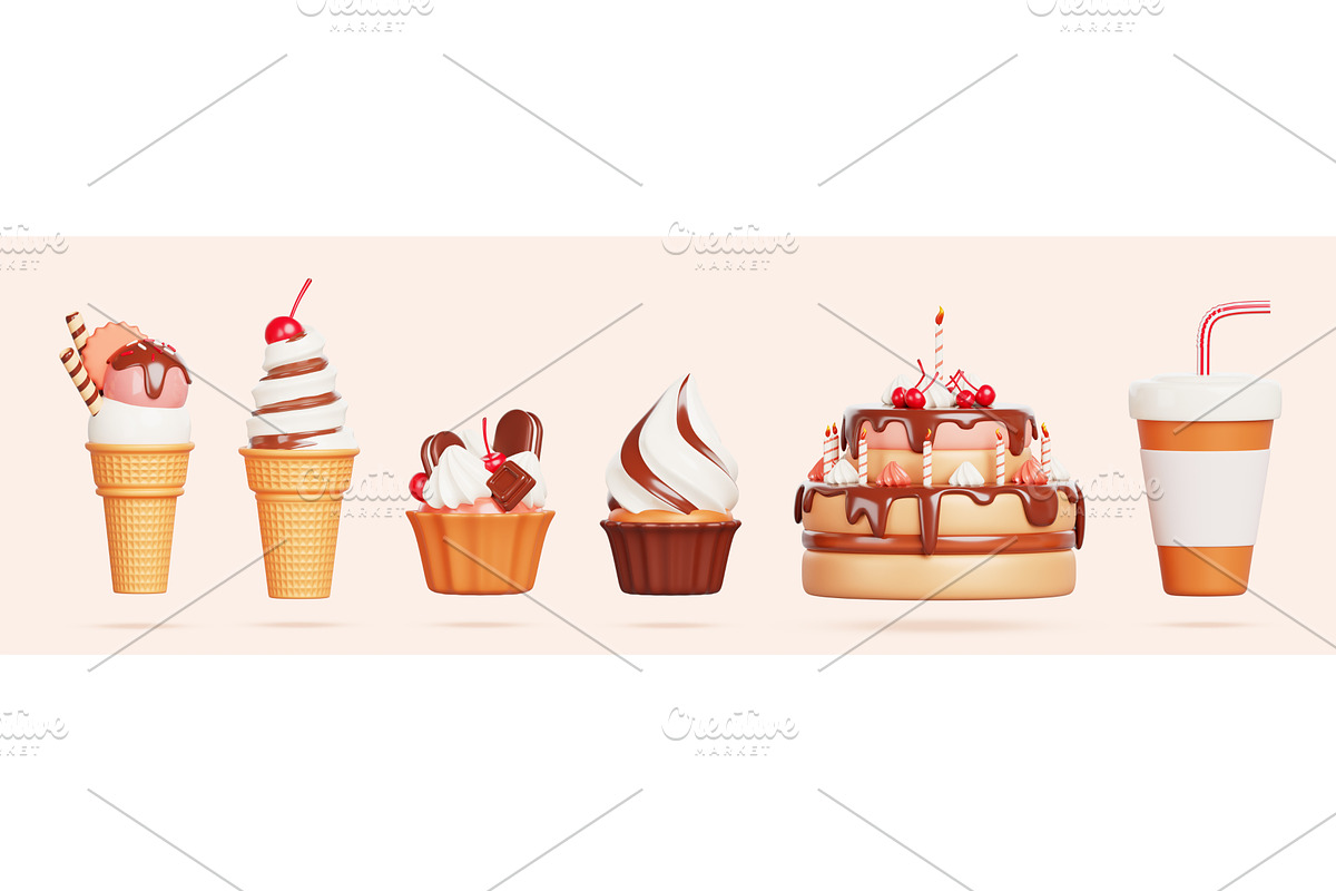 3d sweet dessert set - birthday, a Food & Drink 3D Model by Marozhkastudio
