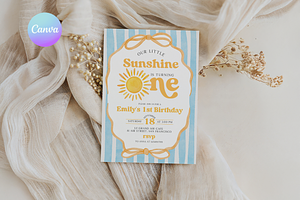 Sunshine First Birthday Invite, a Templates & Theme by VeliusCreativeStudio