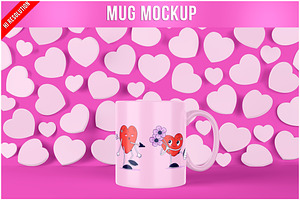 Mug With Heart Background Mockup PSD