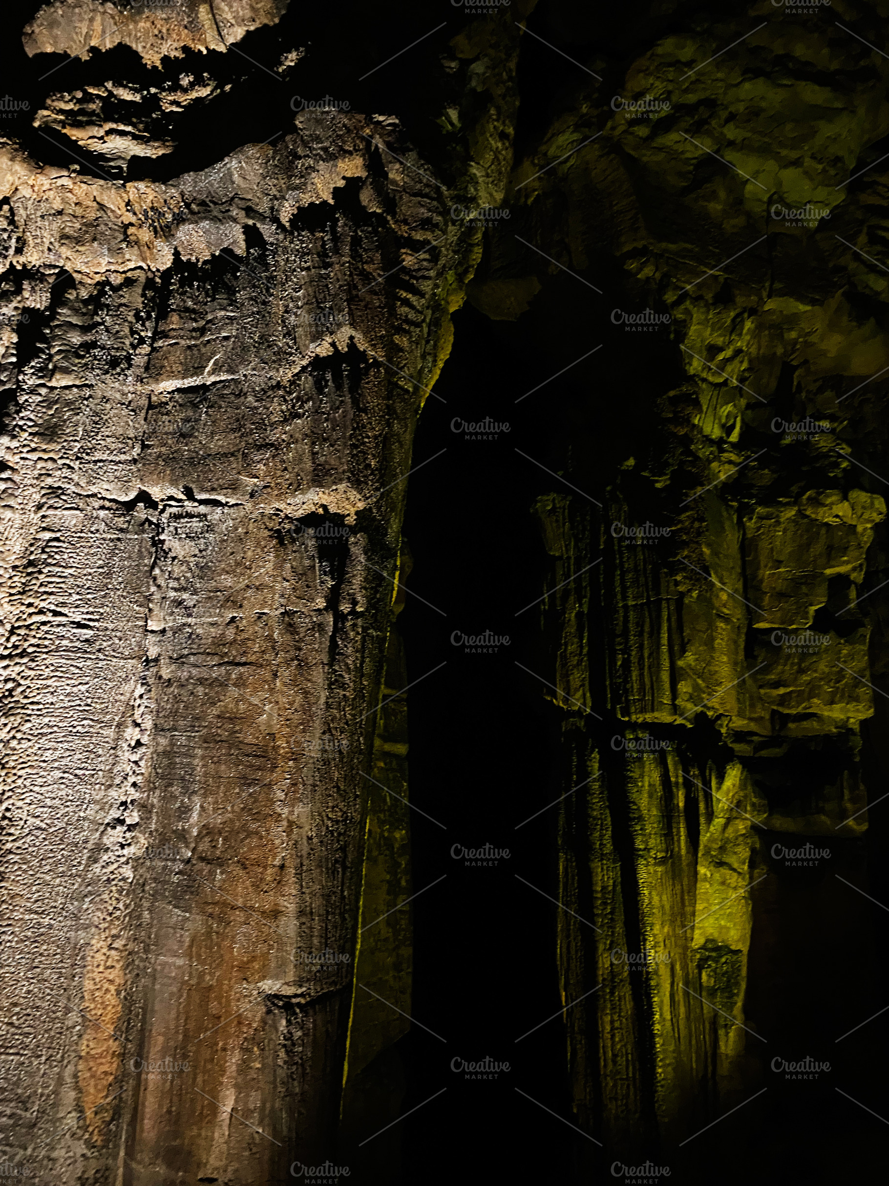 Mammoth Cave interior scene with textured rock pillars and dramatic low light a, a Nature Photo by AS photostudio