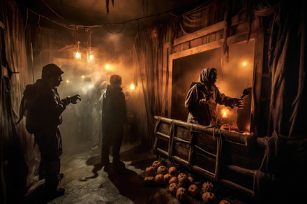 A spooky scene at a haunted house attraction. Halloween Concept., a Holiday Photo by designvectx