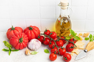 Fresh italian ingredients creating healthy cooking food backgrou, a Food & Drink Photo by Olena Rudo