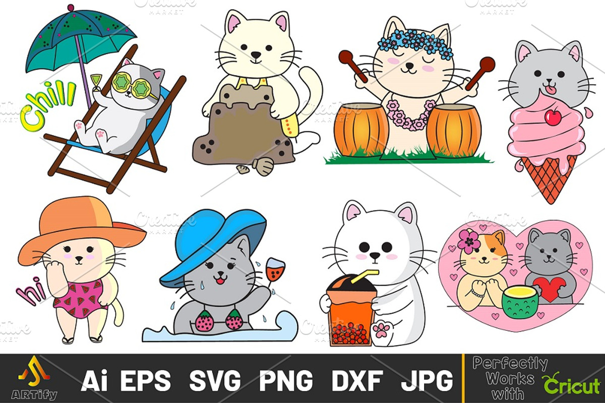 Kawaii Summer cats Beach party SVG, an Animal Illustration by ARTify Illustrations (Photo 2 of 11)