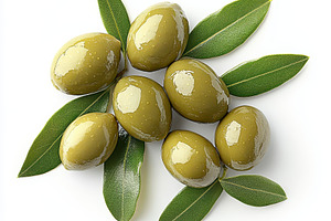 Green olives and olive leaves on whi, a Food & Drink Photo by Pixeness Studio