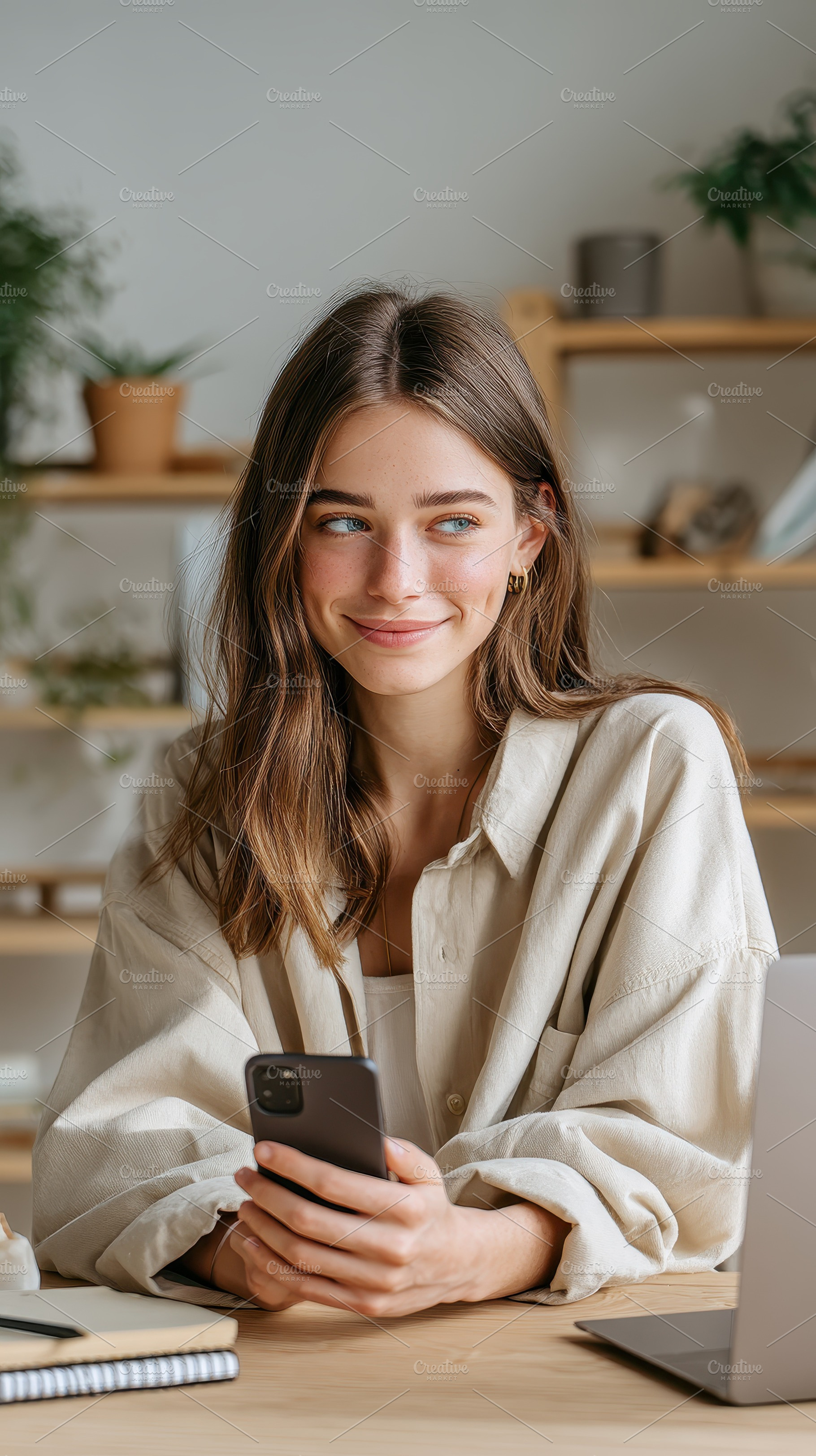 Woman smiling using smartphone at de, a Photo by Pixeness Studio