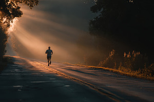 Runner silhouetted in sunrise golden, a Photo by Pixeness Studio