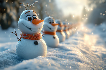 Snowmen lined up in a winter landsca, a Photo by Tanuart