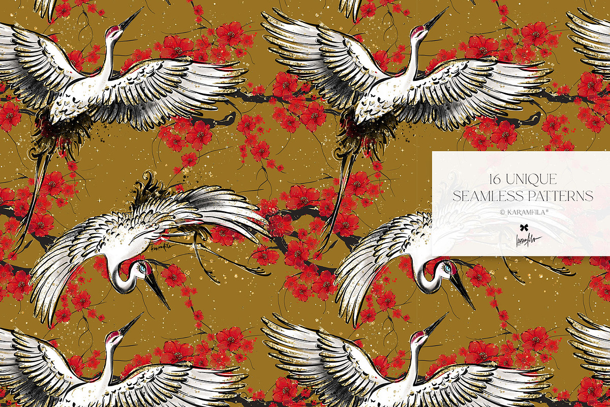 Japanese Cranes Seamless Patterns, a Pattern Graphic by KaramfilaS (Photo 4 of 19)