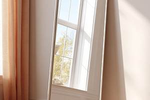 Tall mirror reflecting natural light in a bright, airy room with large windows, a Photo by AlyaAnd