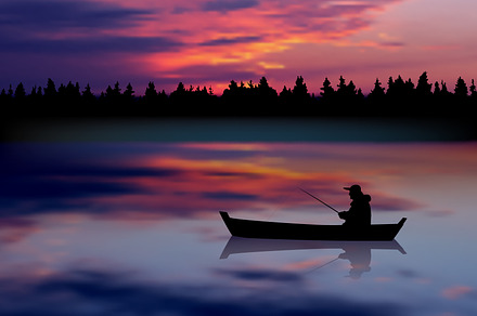 Fisherman. Sunset landscape. Vector