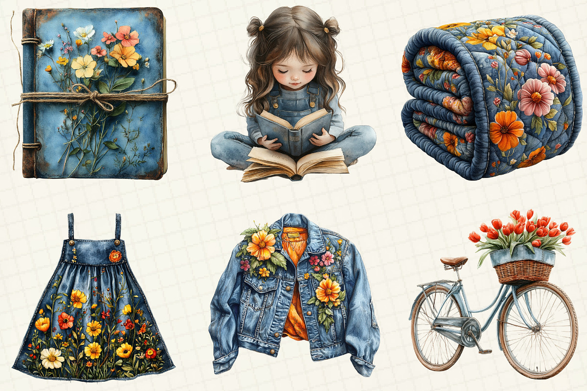 Vintage Denim Spring Clipart, a Work Illustration by OK Design (Photo 3 of 5)