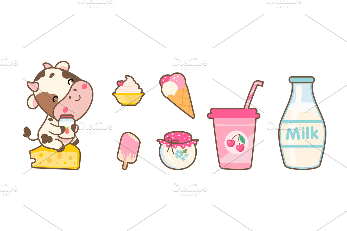 Kawaii dairy products icons set, a Food Illustration by Valerie Bodnar