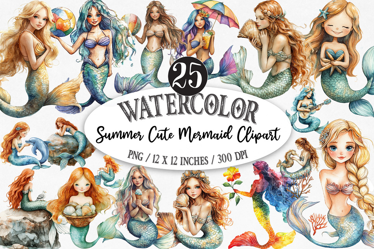 Summer Cute Mermaid Clipart, an Illustration by Designking (Photo 1 of 5)