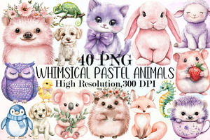 Whimsical Clipart Pastel Animals Set, an Illustration by Sublimation Artist