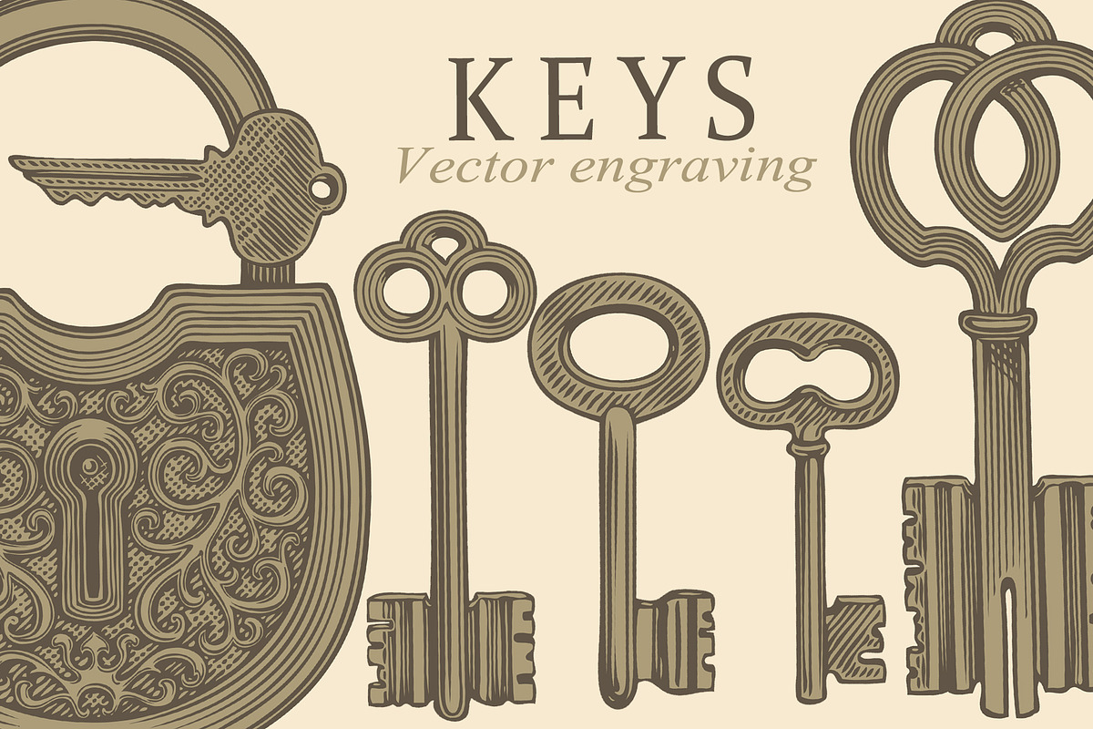 Design set Keys. Vector engraving, a Decorative Illustration by Vector Engraving (Photo 1 of 4)