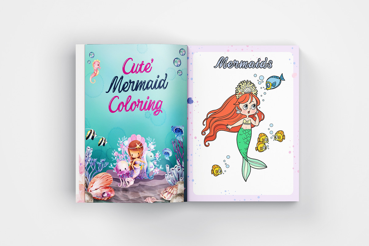 Cute Mermaid Coloring Book Canva | Creative Market