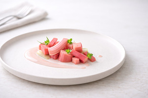Rhubarb dessert artfully plated on w, a Photo by Dvoevnore photos