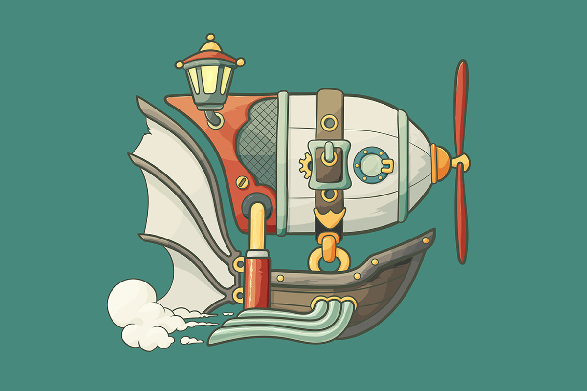 Cartoon steampunk styled airship, a Transportation Illustration by Andrew Bzh.