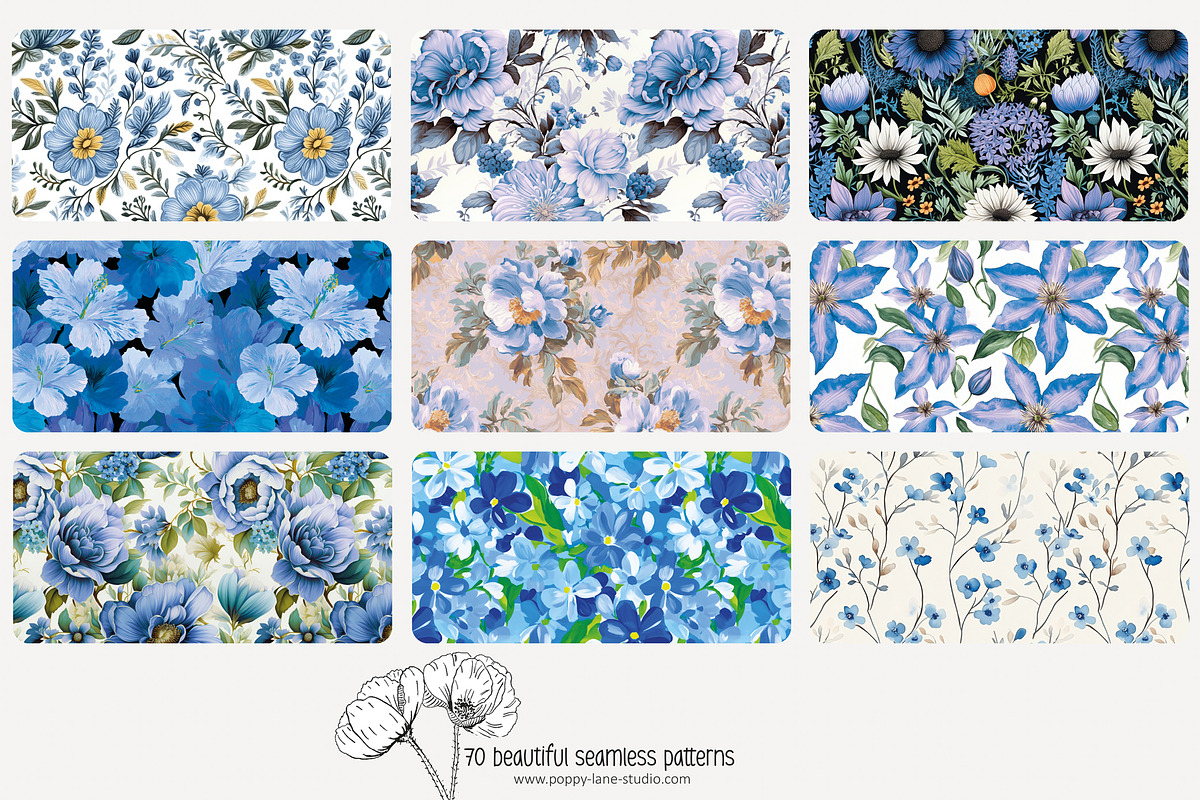 70 blue flower seamless pattern, a Pattern Graphic by Poppy Lane Studio (Photo 2 of 10)