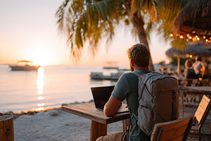 Nomad working on a laptop at sunset with a solar-powered backpack by the water, a Photo by AlyaAnd