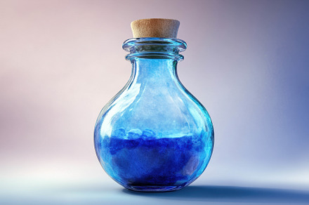 Colorful blue liquid in a decorative, a Photo by Tanuart