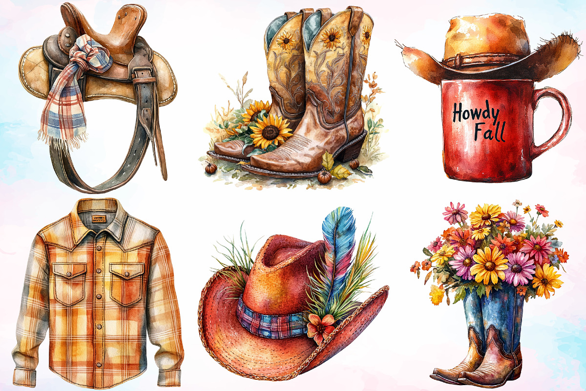 Watercolor Cowboy Autumn Clipart PNG, a Seasonal Illustration by Canvas Craft (Photo 3 of 3)