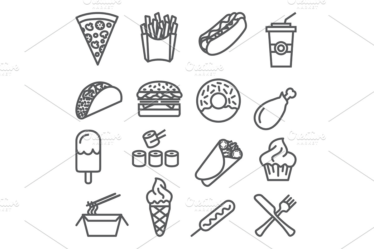 Fast food line icons set on white, a Food Illustration by IhorZigor